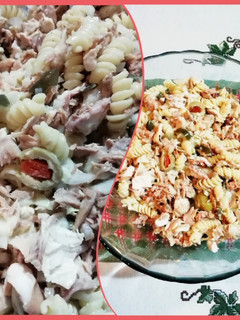 Una foto de Ensalada de fideos tirabuzón Mar y Tierra 🐟+🐔
