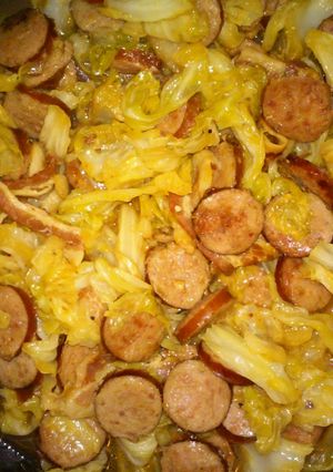 A picture of Smoked Sausage and Cabbage.