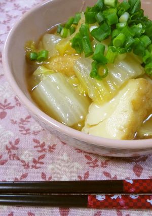 A picture of Delicious Simmered Chinese Cabbage and Atsuage with Thickened Sauce.
