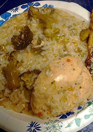 A picture of chicken broccoli rice.