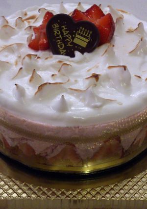 A picture of strawberry mousse cake.