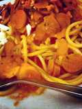 hot dog and chicken breast meat spaghetti