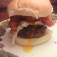 A picture of Hunter's spicy bacon burger.