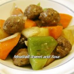 A picture of Sweet and Sour Pork Style Meatballs with Thick Sweet-Vinegar Sauce.