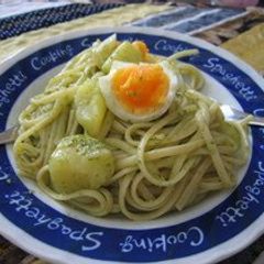 Basil Sauce Pasta with Potato and Boiled Eggs A picture of Basil Sauce Pasta with Potato and Boiled Eggs.