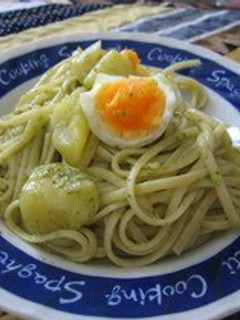 A picture of Basil Sauce Pasta with Potato and Boiled Eggs.