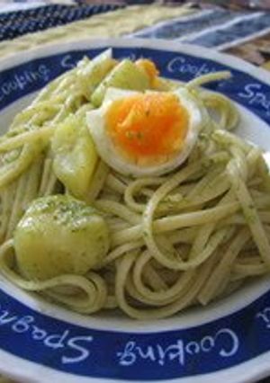 A picture of Basil Sauce Pasta with Potato and Boiled Eggs.