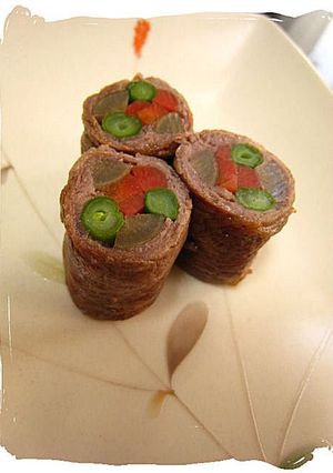 A picture of Hachiman Rolls -- Vegetable Wrapped Beef Rolls.