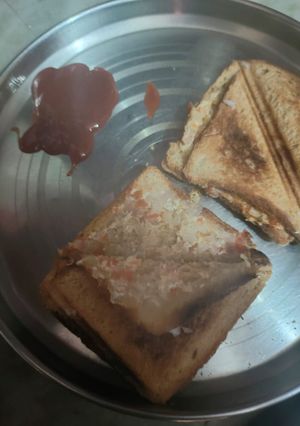 A picture of Curd onion tomato sandwich.