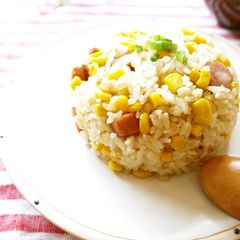 A picture of Corn and Sausage Fried Rice with Butter Soy Sauce.