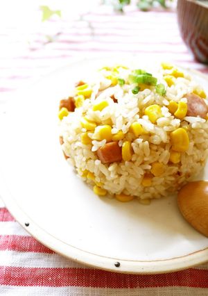 A picture of Corn and Sausage Fried Rice with Butter Soy Sauce.