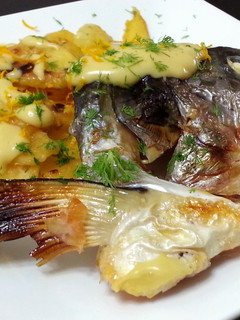 A picture of Salmon And Potato Top Hollandaise Sauce With Orange Zest And Dill.