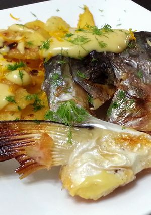 A picture of Salmon And Potato Top Hollandaise Sauce With Orange Zest And Dill.