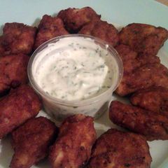 A picture of Vickys Chicken Pakoras with a cool Raita Dip, GF DF EF SF NF.