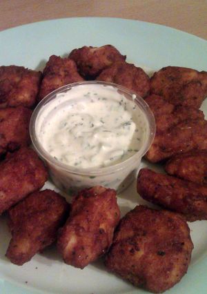A picture of Vickys Chicken Pakoras with a cool Raita Dip, GF DF EF SF NF.