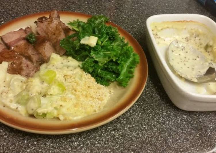 Tender Roast Beef, with Mustard and Cream Baked Leeks