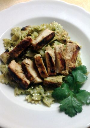 A picture of Cilantro Pesto Pasta with Grilled Chicken.