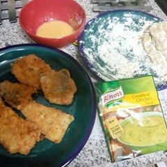 A picture of Cream of mushroom fried fish.