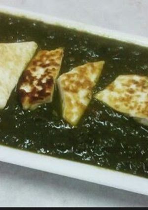 A picture of Palak Paneer (cottage cheese cubes in spinach).