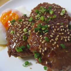 A picture of Teriyaki Tsukune Patties With Soft Boiled Eggs.
