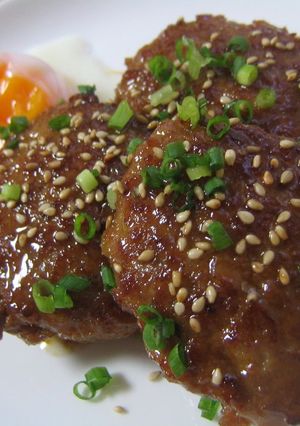 A picture of Teriyaki Tsukune Patties With Soft Boiled Eggs.