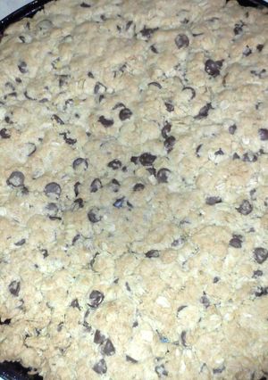 A picture of giant choc chip cookie.