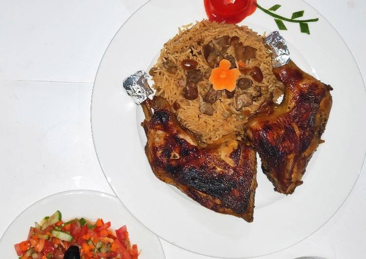 فراخ رستو بالثوم والزعتر وارز بالكبدة وخضار