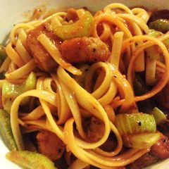 A picture of Fettuccine with celery and luncheon meat in banana sauce.