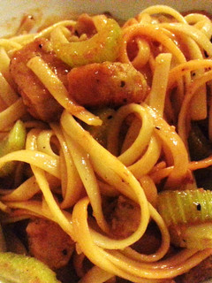 A picture of Fettuccine with celery and luncheon meat in banana sauce.