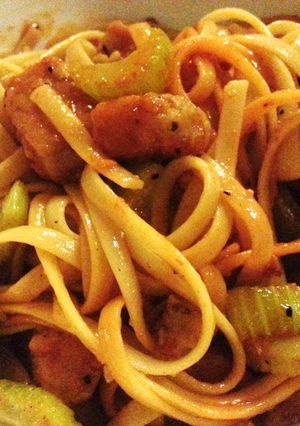A picture of Fettuccine with celery and luncheon meat in banana sauce.