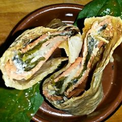 A picture of Sig's Delicious baked vegetarian Wrap.