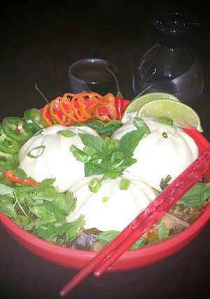 A picture of Mike's 3 Pepper Steamed Bun Soup.