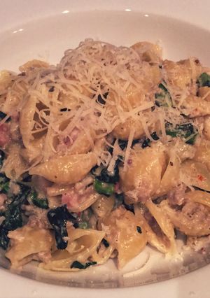 A picture of Swiss Chard With Pancetta, Chilli And Penne Pasta.