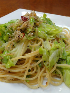 A picture of Spring Cabbage and Jako Fish Aglio Olio e Peperoncino.
