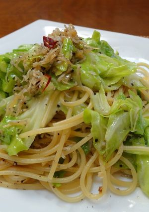 A picture of Spring Cabbage and Jako Fish Aglio Olio e Peperoncino.