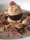 Chocolate soup with brownie croutons and mousse dessert