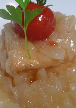 A picture of Macrobiotic Atsuage with Thick Sweet Onion Ankake Sauce.