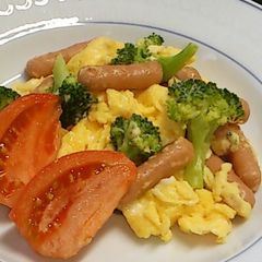 Sausages & Slightly Sweetened Scrambled Egg for Breakfast A picture of Sausages & Slightly Sweetened Scrambled Egg for Breakfast.