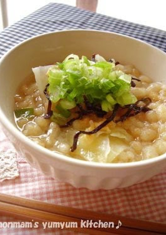 A picture of Miso Soup with Cabbage, Tempura Crumbs and Shio-Kombu.
