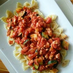 Tomato sauce with tofu and zucchini A picture of Tomato sauce with tofu and zucchini.