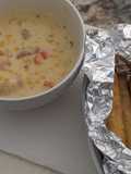 Easy Shawarma Corn Chowder in Insta pot Duo 6 qt with side of frozen fried taquitos