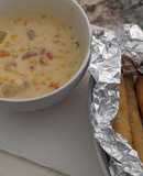 Easy Shawarma Corn Chowder in Insta pot Duo 6 qt with side of frozen fried taquitos