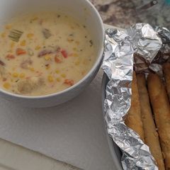 A picture of Easy Shawarma Corn Chowder in Insta pot Duo 6 qt with side of frozen fried taquitos.