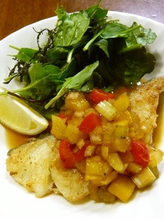 A picture of Pan Fried White Fish with Colorful Sauce.