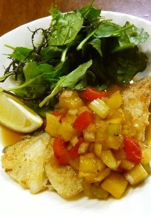A picture of Pan Fried White Fish with Colorful Sauce.