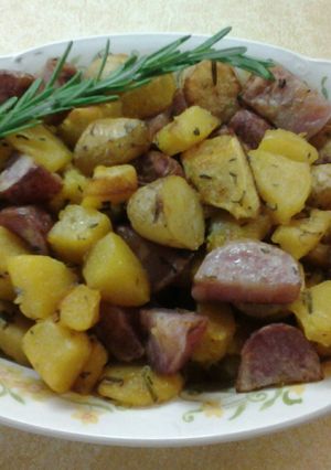 A picture of Roasted Rosemary Acorn Squash and Fingerling Potatoes.
