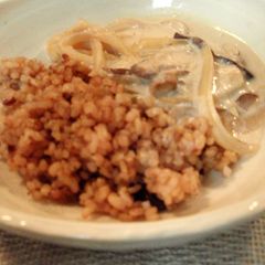 A picture of Creamy Soy Milk Stroganoff with Shiitake Mushrooms and Onions.