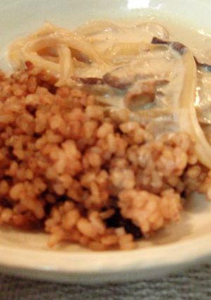 A picture of Creamy Soy Milk Stroganoff with Shiitake Mushrooms and Onions.