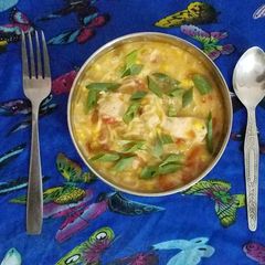 A picture of Tomato soup with noodles and chicken ♥️.