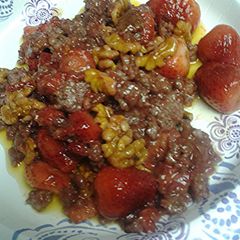 A picture of Sausage, strawberries, and walnuts.